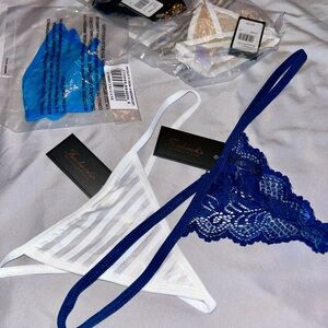 Frederick's of Hollywood White Sheer Stripe & Royal Blue Lace Thong Set